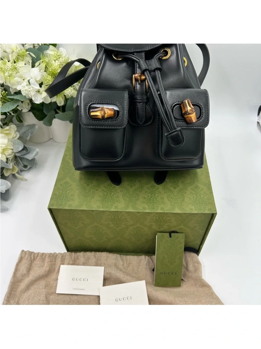 Gucci, leather bamboo backpack made in Italy NWT. Unisex.